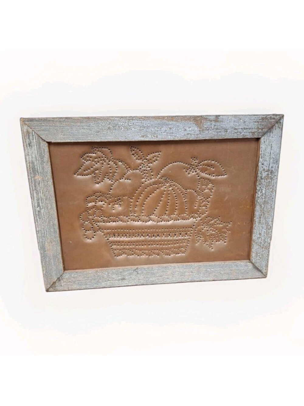 Punched Copper  Wood Framed Wall Decor Basket Pumpkin Cottage Country 13x18.5"